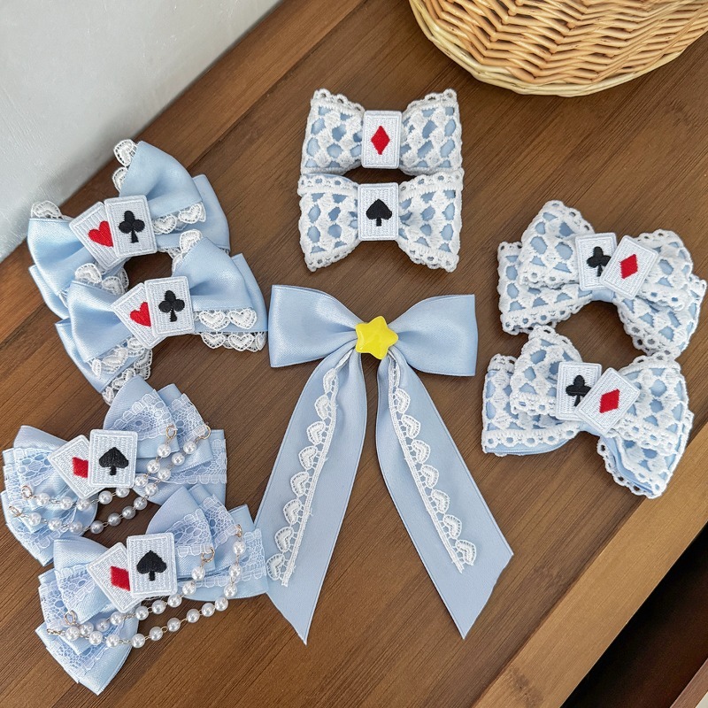 Cute Blue Lace Satin Bow Hair  - Tassel Fringe Trim 评论和价格